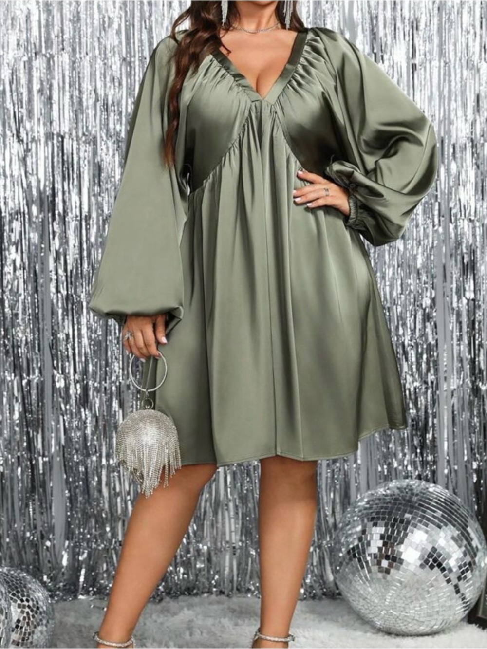 Sage Green Satin V-Neck Balloon Sleeve Dress